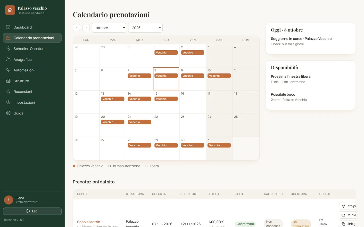 Il calendario delle prenotazioni di MyB&B, con i soggiorni di una struttura