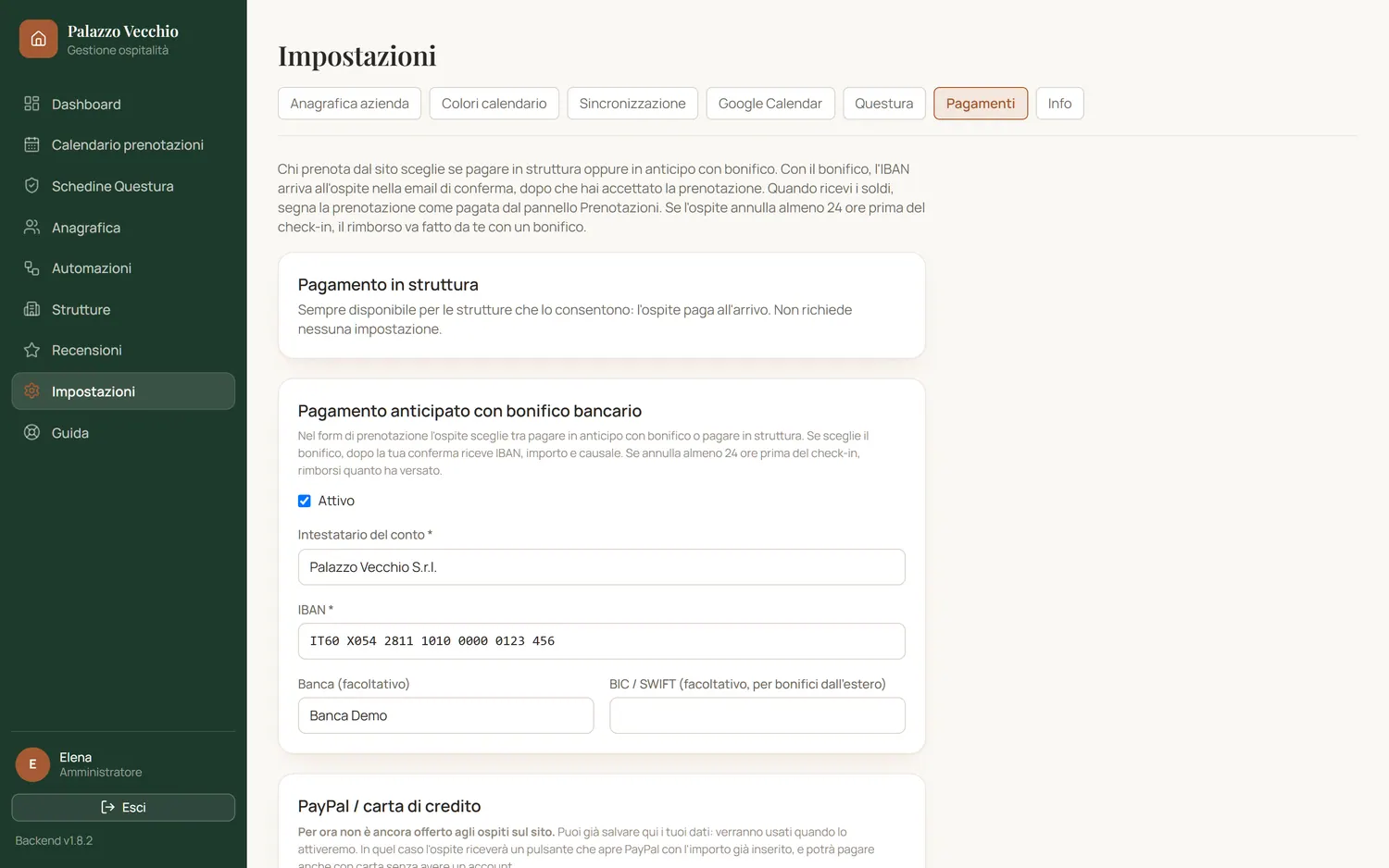 Le impostazioni dei pagamenti con bonifico e acconto